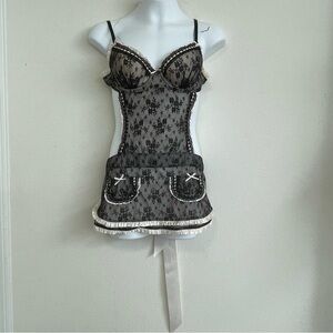 VICTORIA'S SECRET Black Pink French Maid‎ Lingerie Size 34B Lace Aprons Teddy